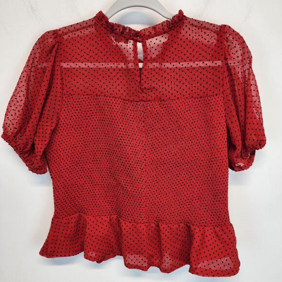 Express Smocked Peplum Polka Dot Blouse Top Size L Red Puff Sleeve Rockabilly - Picture 3 of 12